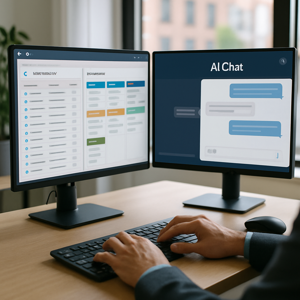 HubSpot Breeze vs ChatGPT comparison showing dual-monitor workstation with CRM dashboard and AI chat interface