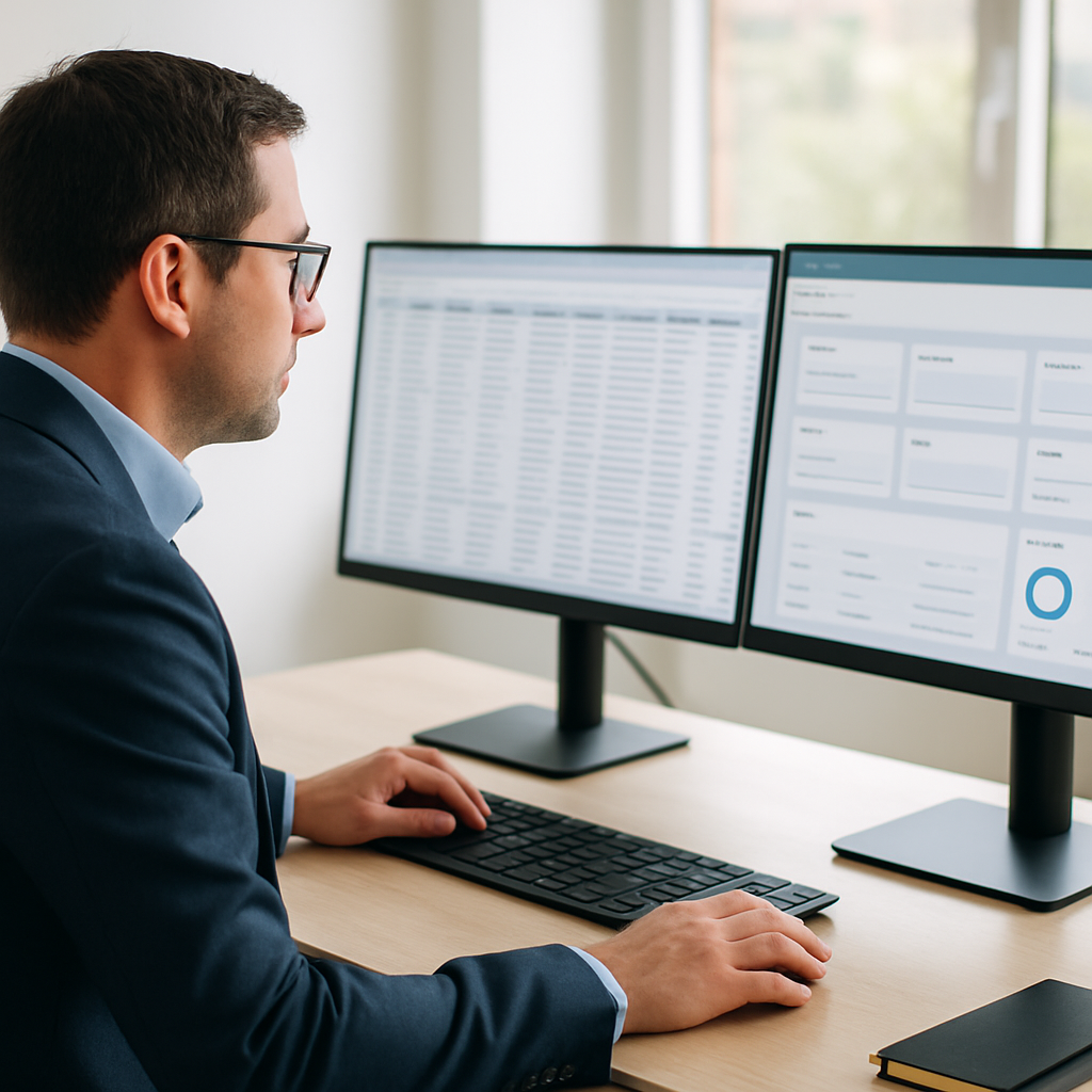 HubSpot data migration - consultant reviewing CRM field mapping on dual monitors