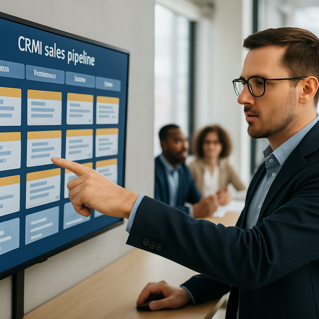 Sales consultant reviewing a HubSpot pipeline automation dashboard on a large monitor in a modern office